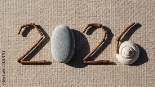 2026 Natural Objects Card Twigs Stone Shell Still Life Linen Background