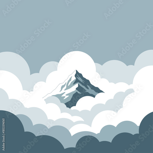 Majestic mountain peak emerging from soft clouds, serene sky, minimalist vector.