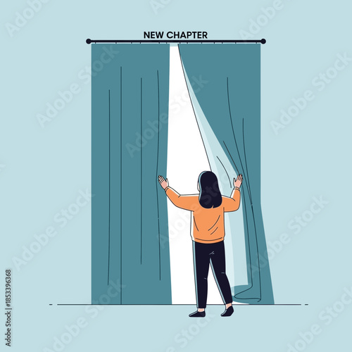 Woman opening curtains revealing bright light, symbolizing new chapter and opportunity