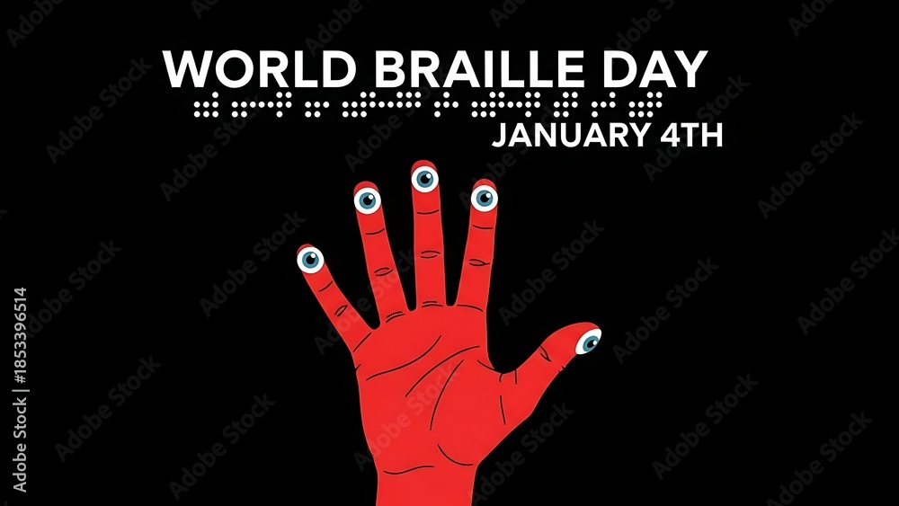 Fototapeta premium World Braille Day illustration with hand and eyes on black background