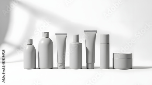 Blank grey cosmetic packaging mockup collection with various bottles, tubes, and jar in a row