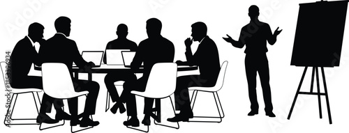 Business meeting silhouette illustration with team discussion and presentation board, professional corporate collaboration concept isolated vector design for marketing