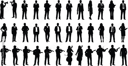 Business people and musicians silhouette collection vector illustration, professional corporate team poses and musical performers icons, black white isolated background