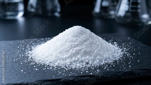 Pile of White Granulated Substance on Black Slate Surface with Glass Laboratory Equipment in the Background