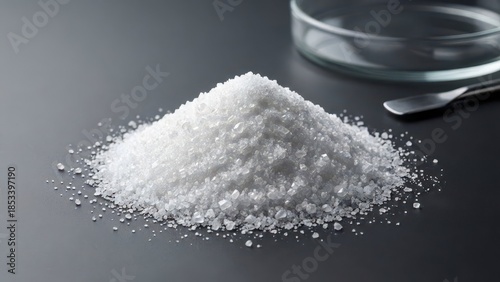 Close-Up of White Granulated Sugar Pile on Dark Surface with Laboratory Glassware in Background for Culinary and Science Themes