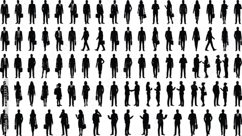 Business people silhouettes, black vector grid, professional attire, corporate interaction, minimal design, white background, office concept, human 