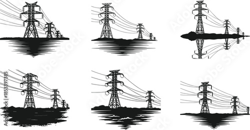 Black and white vector illustration of electric power transmission towers and high voltage lines over water with reflection on white