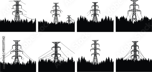 Black silhouette vector illustration set of electric high voltage power transmission towers, pylons, and utility lines over a pine forest