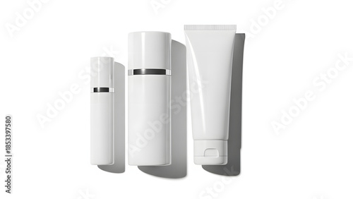 Blank white cosmetic packaging mockup set with pump bottles and cream tube isolated on white background