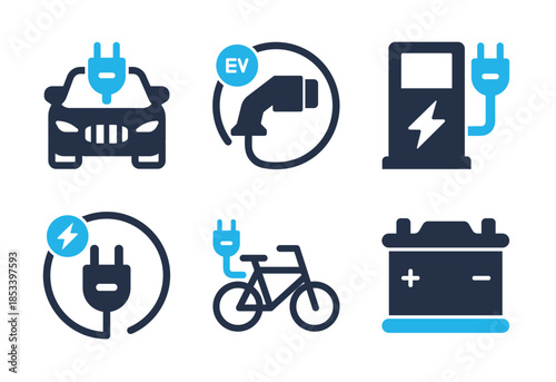 Electric Vehicles and Charging icon set. Solid glyph series icons
