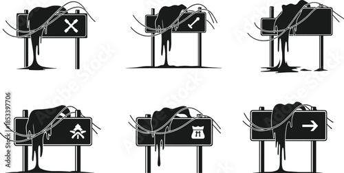 Dystopian road sign vector, barbed wire silhouette, dark dripping design, warning symbol illustration, black and white infrastructure concept art