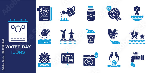 Water Day Icon set. Containing hydrate, drinking, faucet, conservation, pollution, crisis and more. Solid vector icons collection. Vector illustration.