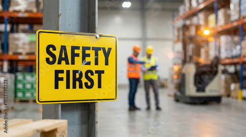Wallpaper Mural "Safety First" sign prominently displayed in a modern warehouse, emphasizing workplace safety with blurred workers and inventory in the background. Torontodigital.ca
