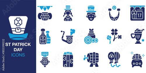 St Patrick Day Icon set. Containing gold, pot, beer, pub, parade, celebration, holiday and more. Solid vector icons collection. Vector illustration.