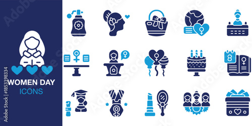 Women Day Icon set. Containing rights, feminist, celebration, march, strength, leadership and more. Solid vector icons collection. Vector illustration.