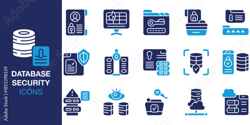 Database Security Icon set. Containing backup, recovery, authentication, authorization, password and more. Solid vector icons collection. Vector illustration.