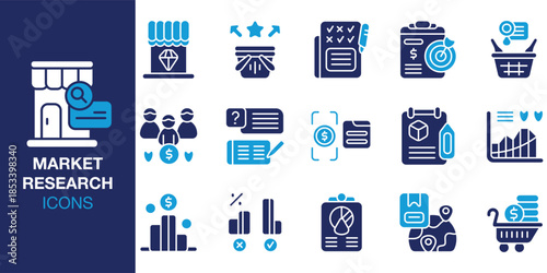 Market Research Icon set. Containing demand, supply, segment, targeting, competitor and more. Solid vector icons collection. Vector illustration.