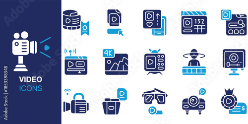 Video Icon set. Containing video, movie, film, clip, camera, record, shooting and more. Solid vector icons collection. Vector illustration.