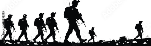 Military Soldiers Patrol Squad Silhouette Vector Illustration Marching on Rough Terrain with Full Combat Gear, Backpacks, and Rifles, Depicting War and Security.