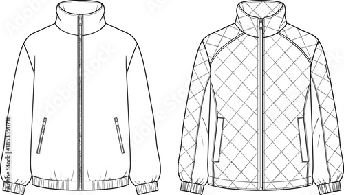 Minimal Bomber Jacket and Quilted Diamond Technical Fashion Illustration Drawing Vector Mockup for Designer Apparel Clothing CAD Template