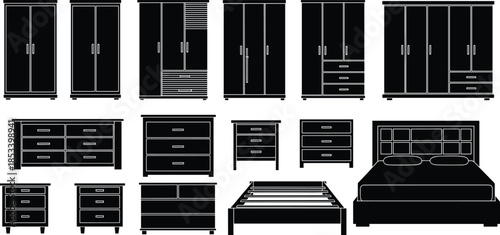 Modern bedroom furniture set silhouettes including wardrobes, dressers, nightstands, and bed frame, minimalist interior design vector illustration for home decor themes