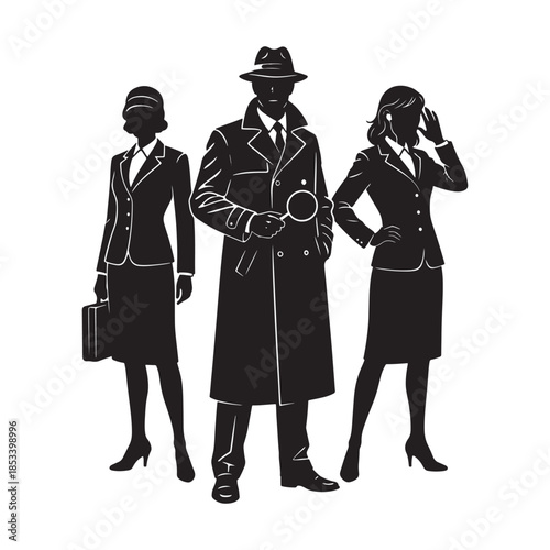 Silhouette of secret agents or detectives team in coats and suits vector illustration.