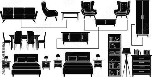 Modern black furniture icon set for living room bedroom dining office, minimalist home interior elements, isolated vector illustration for interior design projects