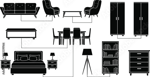 Modern home furniture collection silhouette set, living room, bedroom, dining room, storage cabinet, bookshelf, interior decoration vector illustration for stylish design