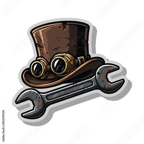 Brown Steampunk top hat with vintage goggles and mechanic wrench vector illustration.