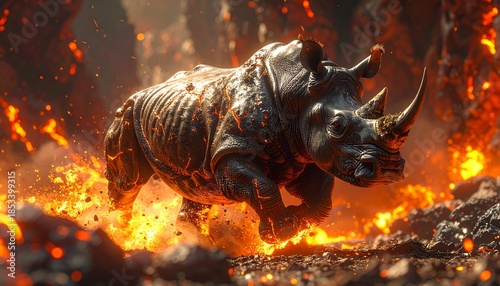 A powerful rhinoceros, an embodiment of primal energy, charges through a scorching, fiery volcanic landscape, its formidable presence dominating the intense heat and dramatic inferno