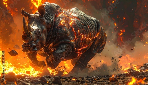A formidable rhinoceros, its skin cracked with glowing molten lava, charges fiercely through an explosive and fiery landscape, embodying immense primal power and destructive energy