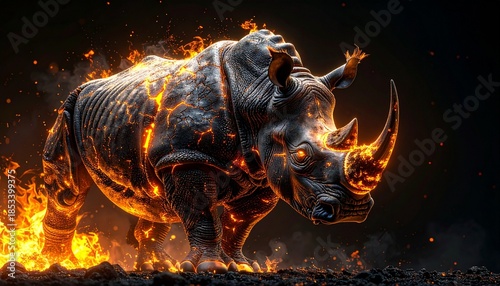 Fiery Rhinoceros Charging Through Flames, a Powerful and Majestic Creature Embodied by Intense Heat and Raw Energy