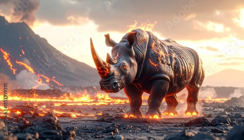 A majestic rhinoceros, ablaze with molten fire and glowing lava, stands powerfully in a dramatic volcanic landscape under a fiery sky