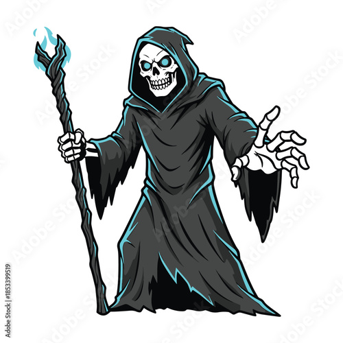 Spooky Grim Reaper character holding magic staff with blue fire vector illustration.