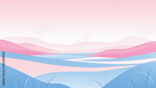Minimalist meadow landscape with rolling hills and flowing fields. Soft, pastel colors create a calm, layered aesthetic