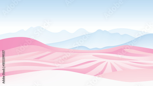 Minimalist farmland landscape with undulating pink fields and soft blue mountains. Layered pastel colors create a tranquil, vast countryside background