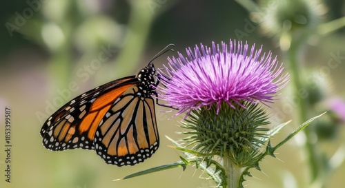 Monarch butterfly exquisitely perched on a vibrant purple thistle flower in nature