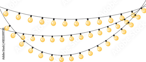 Vector illustration of golden Christmas string lights or fairy light garlands isolated on white background for holiday celebration and party decoration.