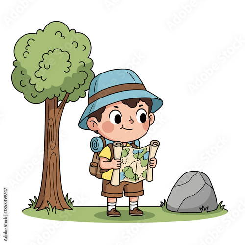 Young adventurer exploring outdoors with map and backpack