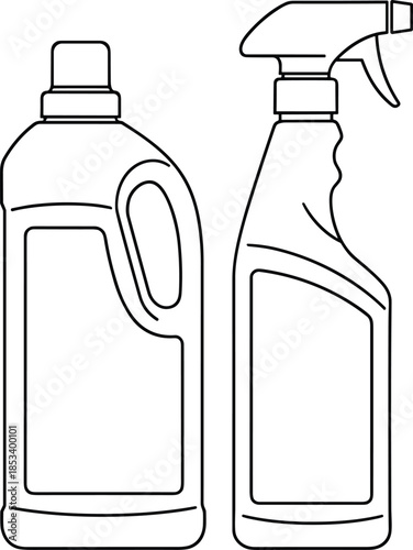Household cleaning supply set featuring a laundry detergent plastic jug and a trigger spray bottle in a flat outline vector style for domestic chores and home maintenance.