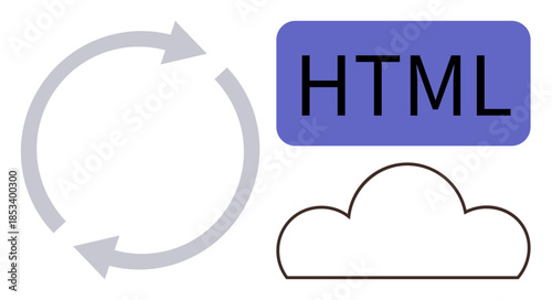 Circular arrows highlight process flow, HTML in a linked text box, and a cloud shape symbolize programming, web hosting, data sync. Ideal for coding, development, cloud storage, automation process