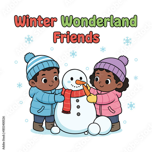 Cute children singing Holiday Carols with winter hats and books vector illustration.