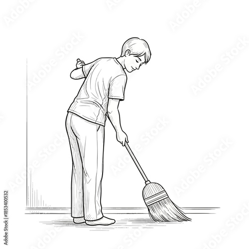 Boy sweeping floor with broom, cleaning, domestic chore, hand-drawn illustration