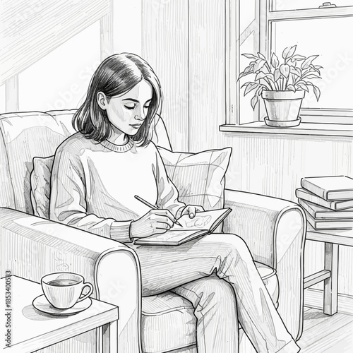 Young woman writing in journal while sitting in armchair, cozy home scene