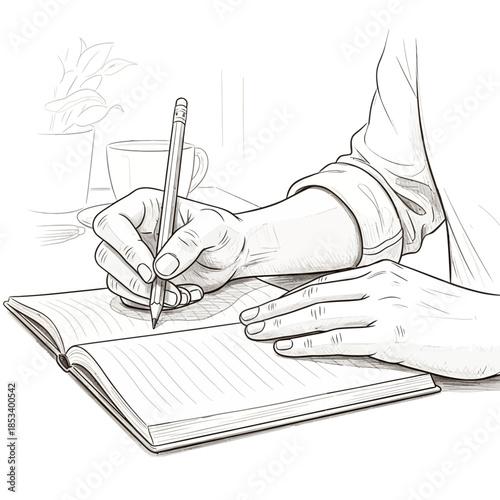 Close-up sketch of hands writing in an open notebook with a pencil, coffee cup and plant.