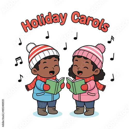 Cute children singing Holiday Carols with winter hats and books vector illustration.