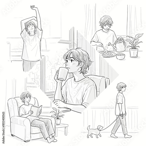 Daily Routine Montage: Morning Stretch, Coffee, Reading, Gardening, Dog Walk