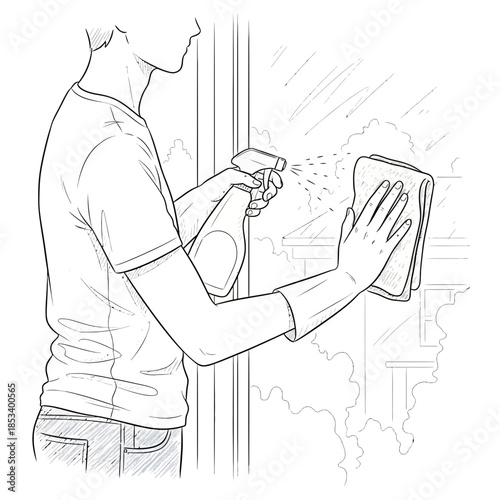 Man Cleaning Window with Spray Bottle and Cloth, Home Maintenance