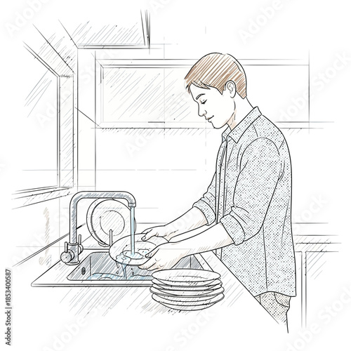 Man washing dishes in kitchen sink, sketch style illustration