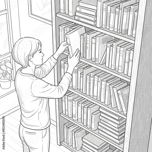 Person choosing a book from a full bookshelf, knowledge, education, reading, library, study